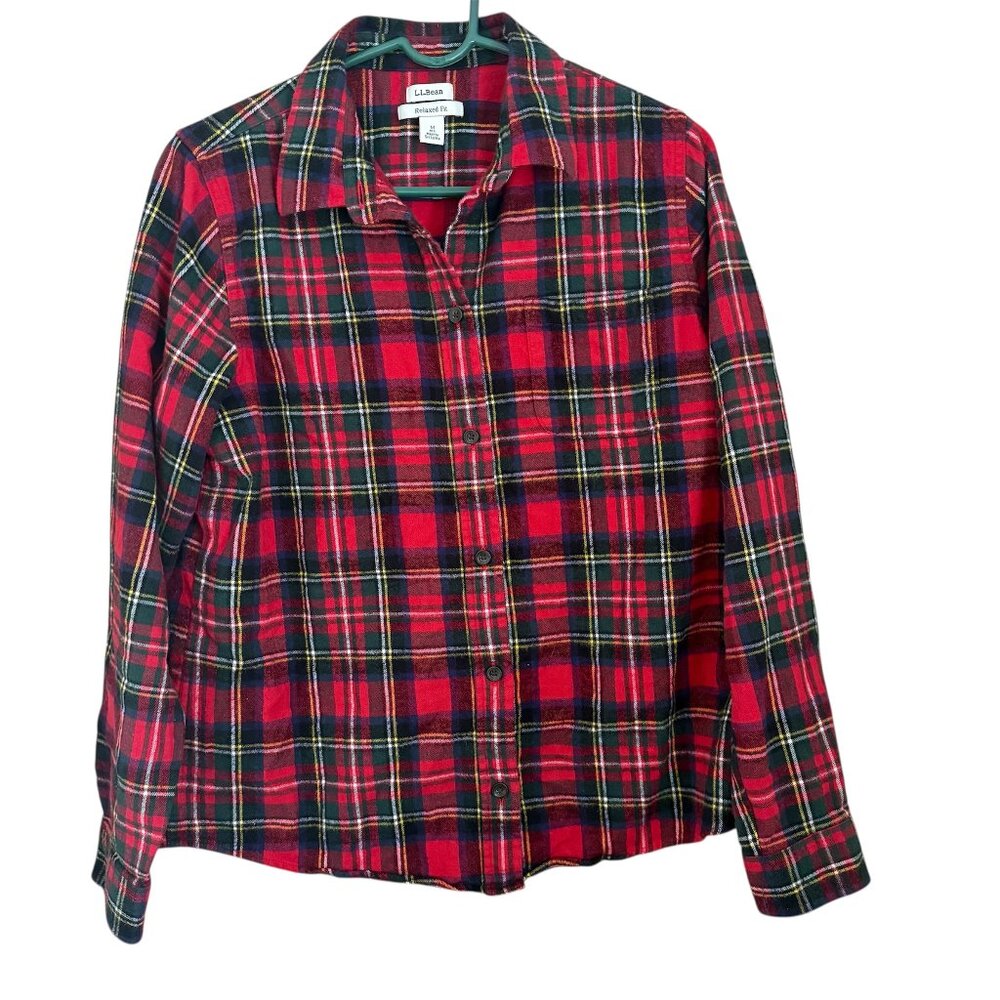 LL Bean Red Plaid Flannel Button Up Top Size M Relaxed Cottagecore Outdoor Cabin